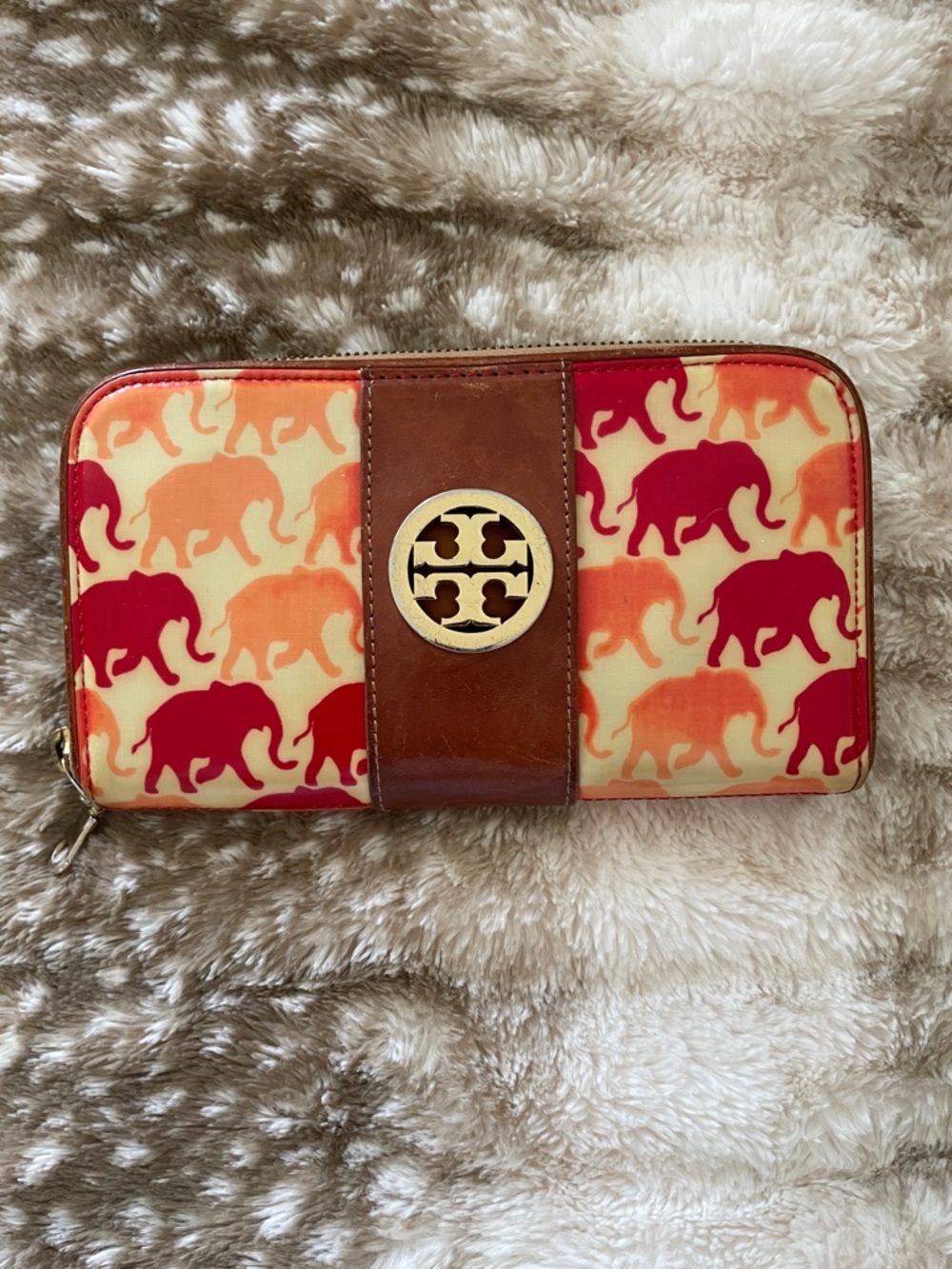 Tory Burch Cream Wallet with Red & Orange Elephant Print